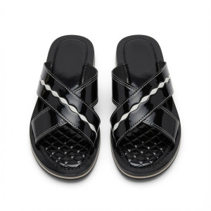 Mens Classic Black Glossy Cross Strap Slide Sandals